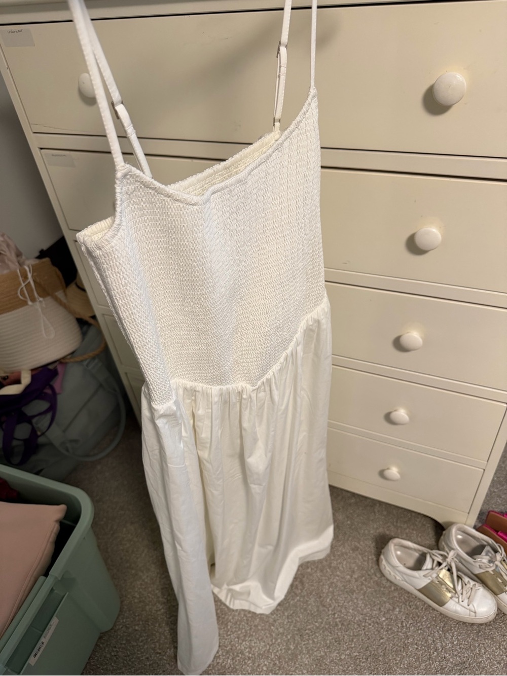 Abercrombie & Fitch White Smocked Slip Dress with Spaghetti Straps